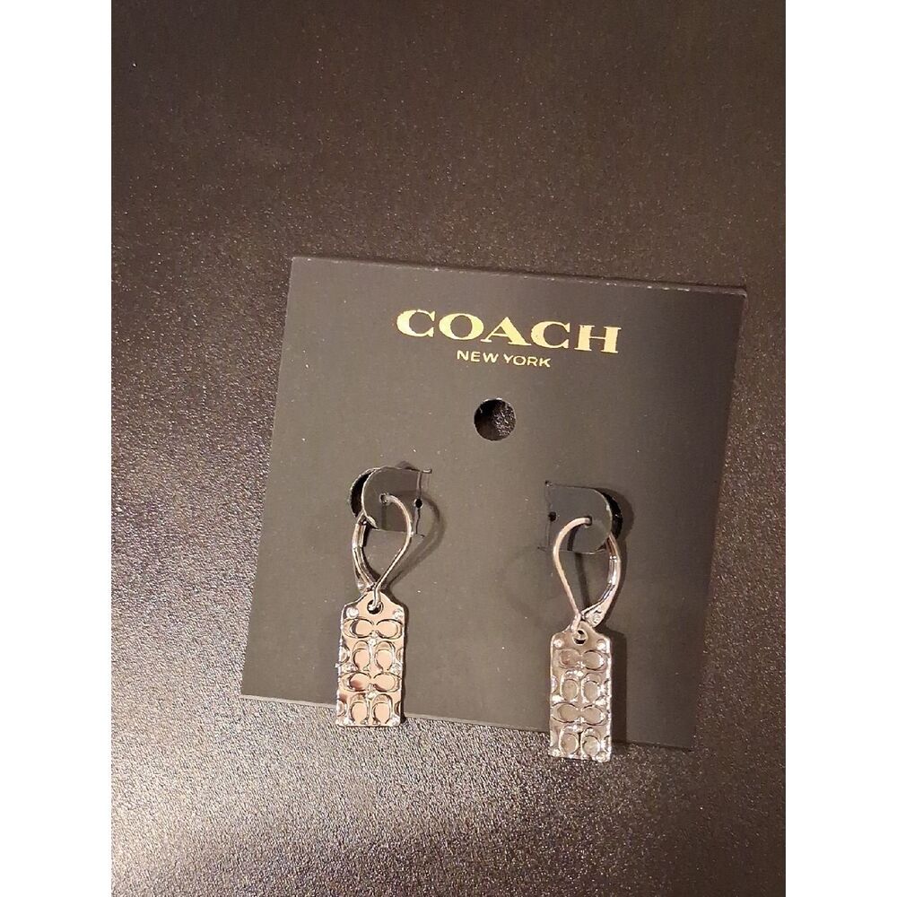 COACH Silver Crystal Quilted C Drop Earrings New - Picture 4 of 4